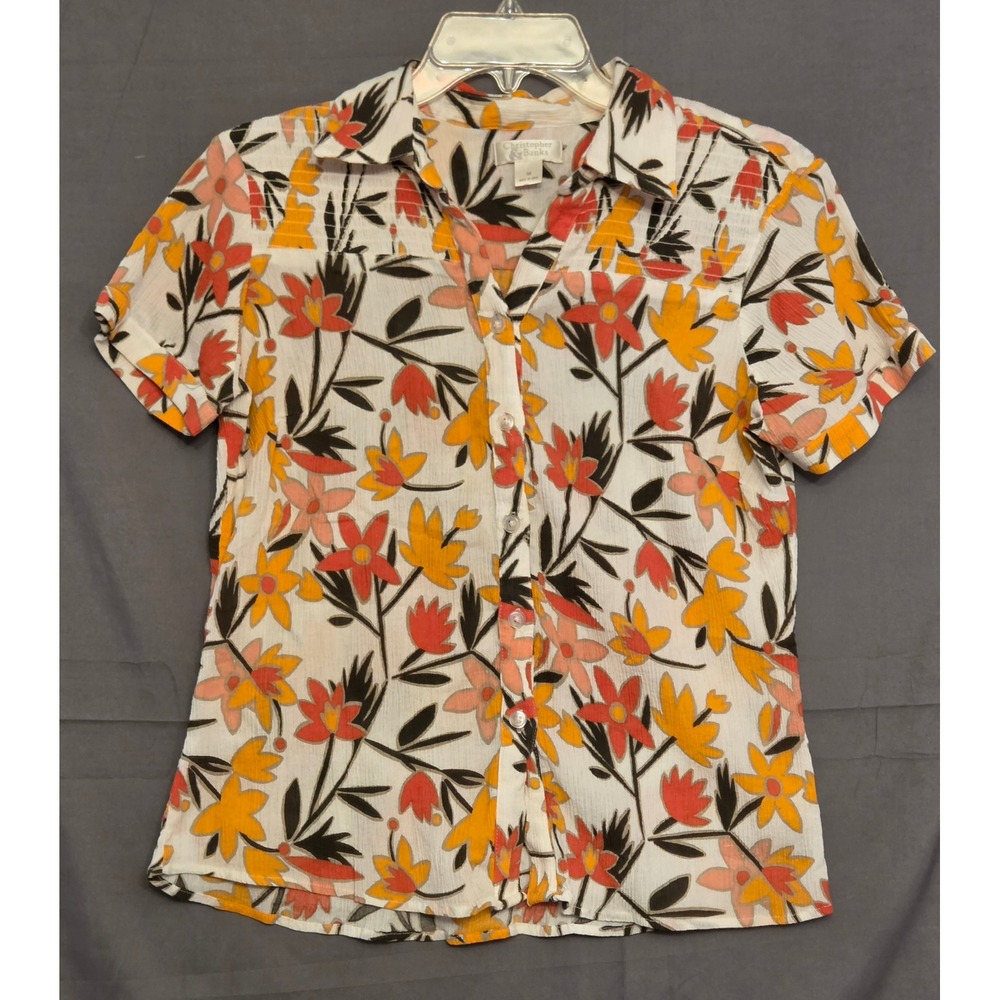 Christopher & Banks Button Up Floral Blouse Women's Medium Stretchy Top Collared